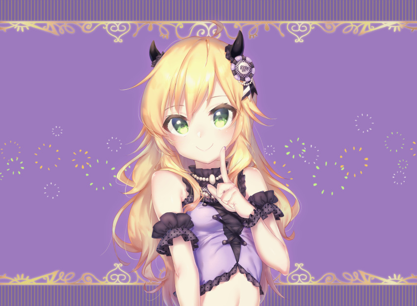 1girl, ahoge, bare_shoulders, black_horns, blonde_hair, blush, breasts, commentary_request
