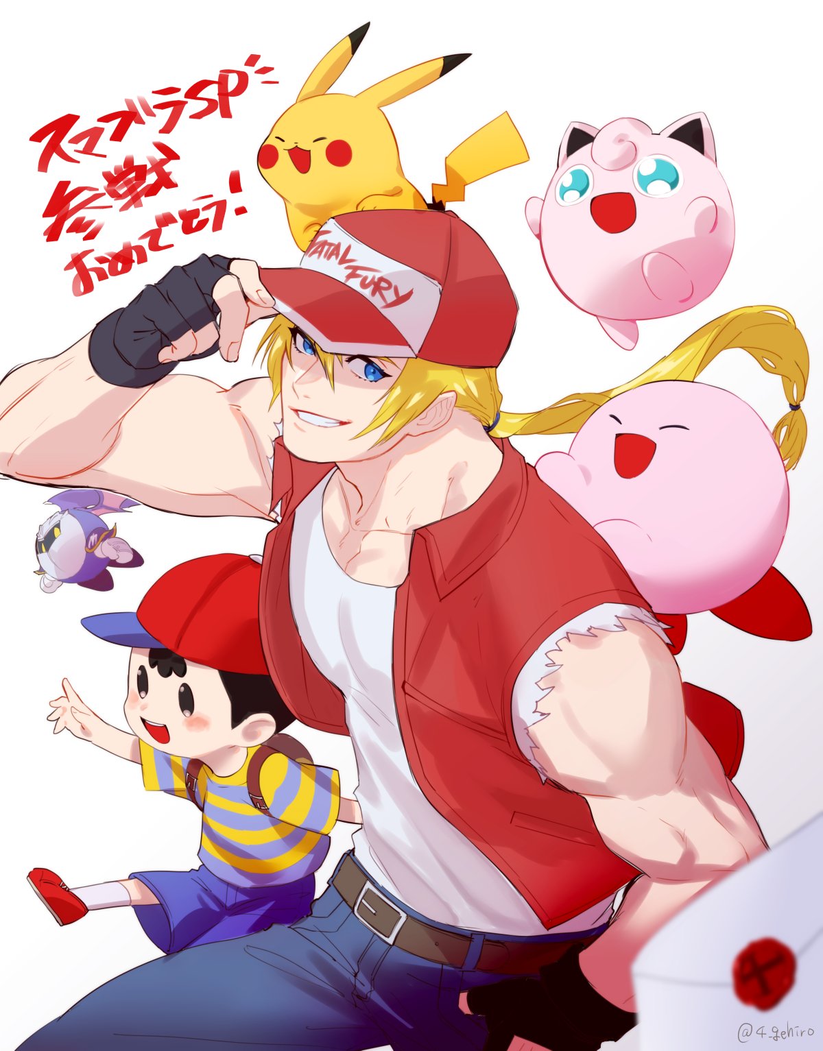 1girl, 5boys, adult, animal, ape_(company), balloon_(pokemon), baseball_cap, blonde_hair