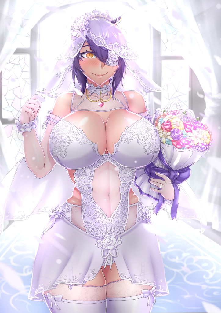 1girl, alternate_costume, blush, bouquet, chanary, cleavage, dress, eyepatch