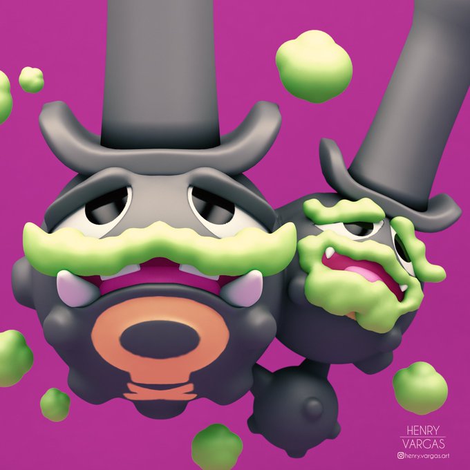 3d, artist_name, black_eyes, galar_form, galarian_weezing, gen_8_pokemon, henry_vargas, instagram, instagram_username, no_humans, pokemon, pokemon_(creature), pokemon_swsh, purple_background, smoke, teeth, top_hat
