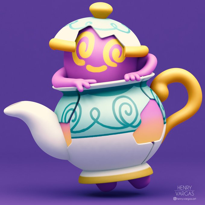 3d, @_@, artist_name, gen_8_pokemon, henry_vargas, instagram, instagram_username, no_humans, pokemon, pokemon_(creature), pokemon_swsh, polteageist, purple_background, purple_skin, smile, teapot