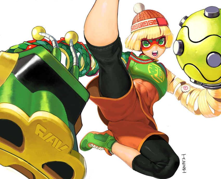 1girl, arms_(game), bangs, beanie, blonde_hair, blunt_bangs, chinese_clothes, commission