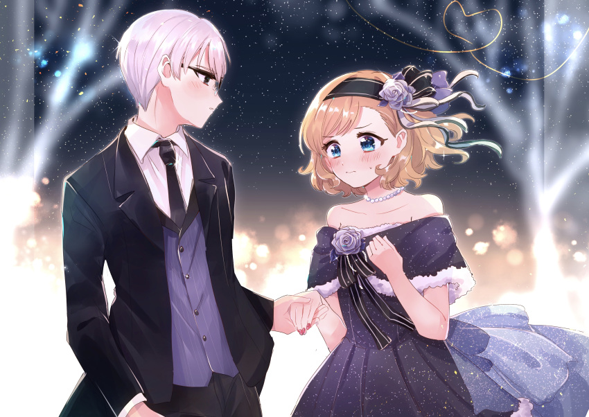 1boy, 1girl, absurdres, blonde_hair, blue_eyes, blush, dress, formal