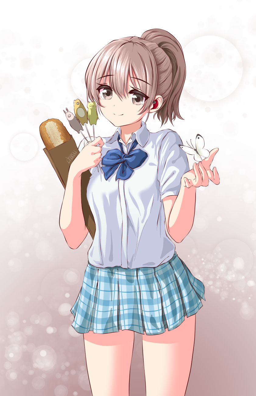 1girl, arms_up, artist_name, bag, bear, blue_neckwear, blue_skirt, bow, bowtie, bread, breasts, brown_eyes, bug, butterfly, cat, chaesu, cowboy_shot, cute, deaf, eyebrows_visible_through_hair, food, gradient, gradient_background, hair_between_eyes, head_tilt, hearing_aid, highres, insect, kodansha, koe_no_katachi, kyoto_animation, light_brown_hair, looking_at_viewer, miniskirt, nishimiya_shouko, open_hand, pig, plaid, plaid_skirt, ponytail, school_uniform, shirt, short_hair, short_sleeves, skirt, small_breasts, smile, solo, standing, white_shirt