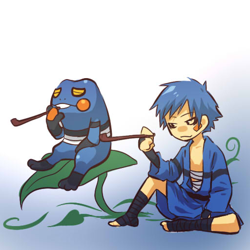1boy, bandages, blue_hair, croagunk, hitec, kiseru, male, moemon