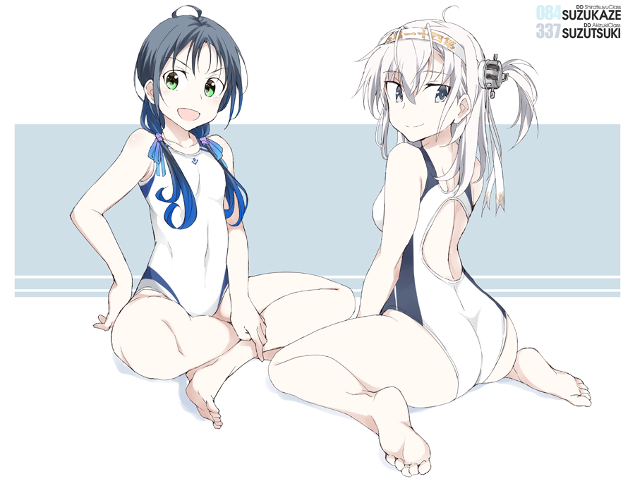 2girls, :d, ahoge, anchor, ass, bangs, blue_hair, blush
