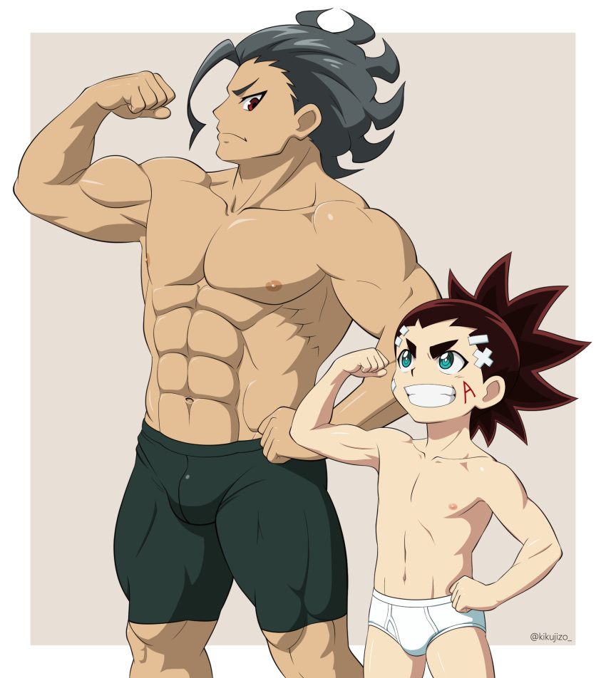 2boys, abs, age_difference, akaba_aiga, aqua_eyes, bandaid, bandaid_on_face, beyblade, beyblade:_burst, black_hair, briefs, brown_hair, bulge, eye_contact, eyebrows, face_painting, flexing, height_difference, highres, kikujizo, looking_at_another, looking_at_viewer, male_focus, multiple_boys, muscle, navel, nipples, ou_houi, pose, red_eyes, size_difference, twitter_username, underwear, white_briefs