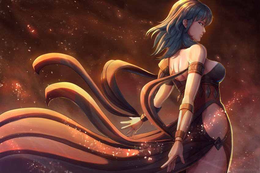 1girl, absurdres, armlet, back, bare_shoulders, blue_eyes, breasts, byleth_(fire_emblem)