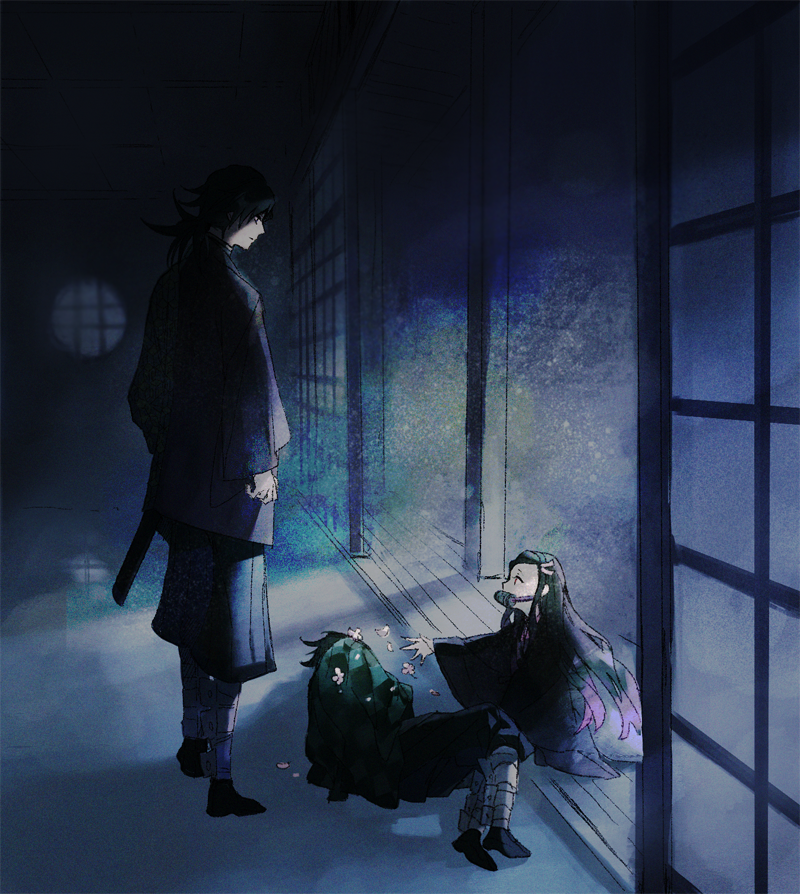 1girl, 2boys, bamboo, bit_gag, black_hair, brother_and_sister, checkered, full_body