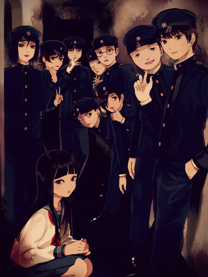 6+boys, black_hair, blood, bloody_clothes, blush, bob_cut, brown_eyes, dafu_(litchi_hikari_club)