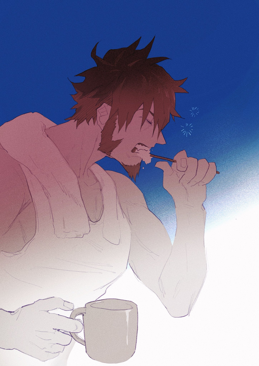 1boy, beard, blue_eyes, brown_hair, brushing_teeth, closed_eyes, cup, facial_hair, fate/grand_order, fate_(series), highres, male_focus, messy_hair, mug, muscle, napoleon_bonaparte_(fate/grand_order), nunoooook, pectorals, simple_background, sketch, sleepy, tank_top, towel, towel_around_neck, upper_body
