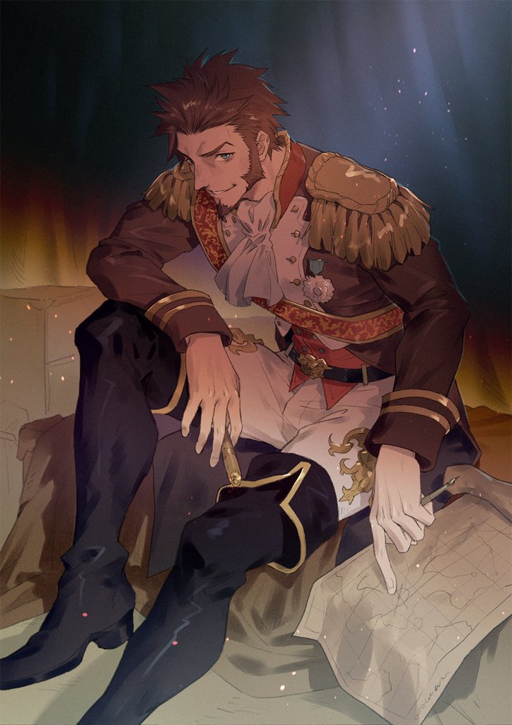 1boy, beard, blue_eyes, boots, brown_hair, collared_jacket, epaulettes, facial_hair, fate/grand_order, fate_(series), long_sleeves, looking_at_viewer, male_focus, map, medal, military, military_uniform, napoleon_bonaparte_(fate/grand_order), necktie, nunoooook, pants, sash, simple_background, sitting, smile, solo, uniform