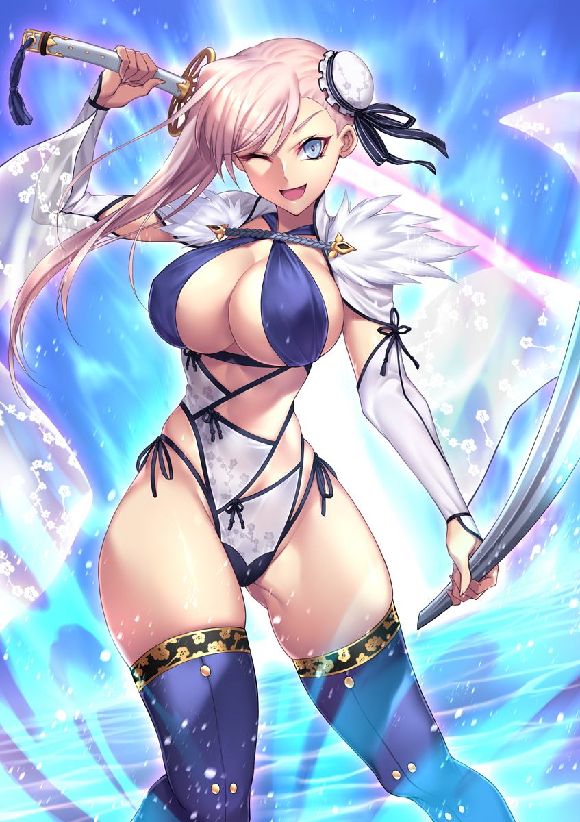 asymmetrical_hair, boots, breasts, bun_cover, criss-cross_halter, fate/grand_order, fate_(series), hair_bun