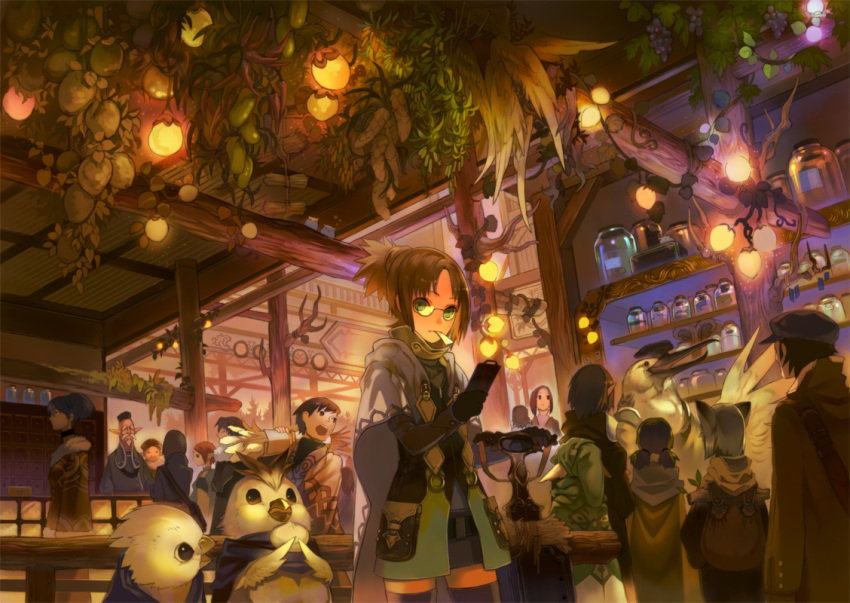 bird, brown_hair, crowd, fantasy, glasses, green_eyes, indoors, jimu_kaji, lamp, light, mouth_hold, original, ponytail, shop, short_hair, thighhighs, wooden_beam, zettai_ryouiki