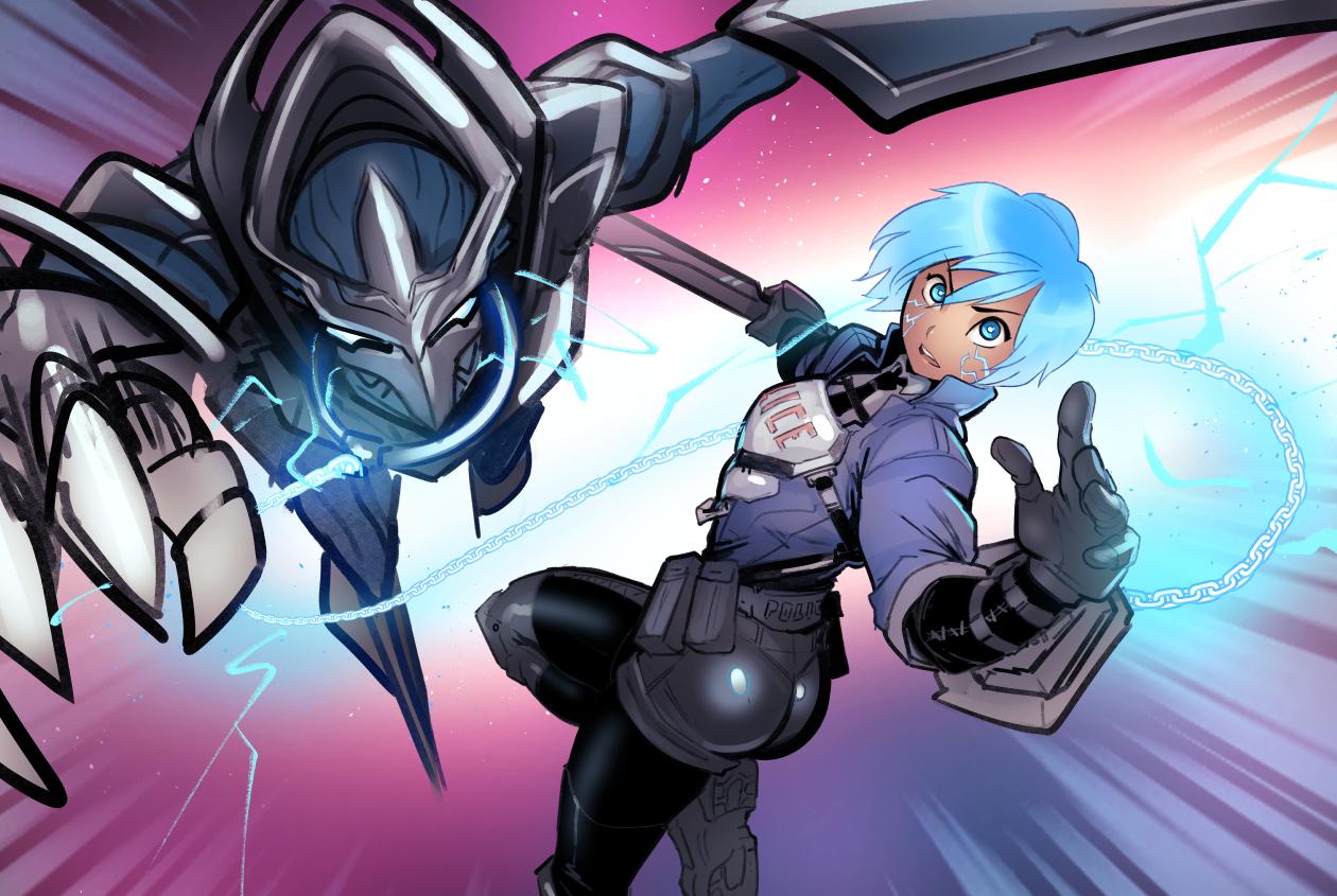 1girl, akira_howard, ass, astral_chain, blue_eyes, blue_hair, boots, chain