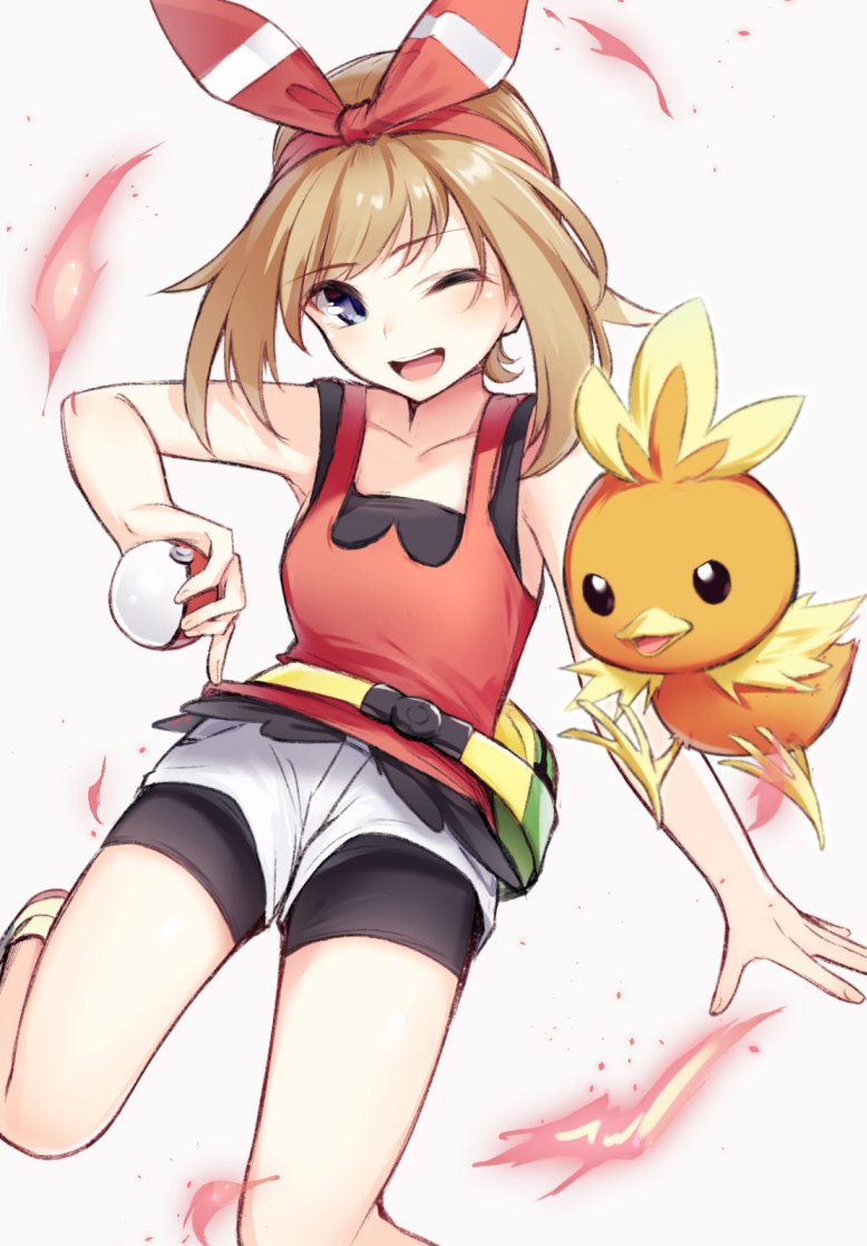1girl, ;d, bangs, bare_arms, bare_shoulders, bike_shorts, bike_shorts_under_shorts, black_shorts