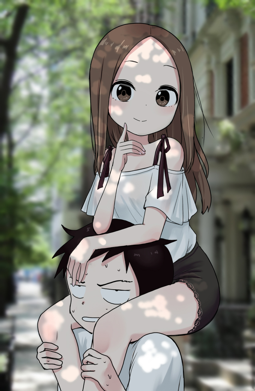 1boy, 1girl, bangs, bare_shoulders, black_hair, black_skirt, blurry, blurry_background
