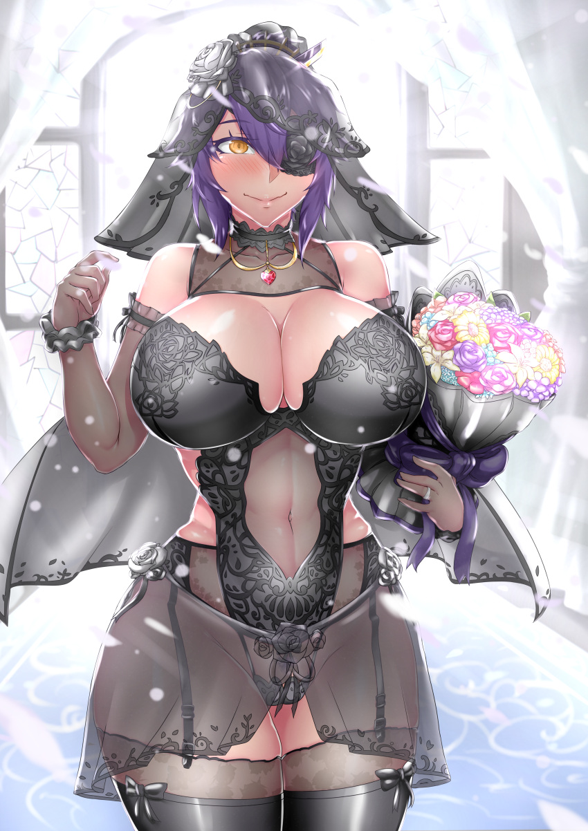 1girl, absurdres, black_choker, black_eyepatch, black_flower, black_gloves, black_panties, black_rose
