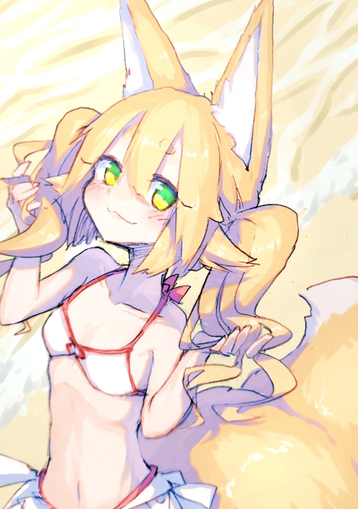 1girl, animal_ear_fluff, animal_ears, bikini, bikini_skirt, blonde_hair, flat_chest, fox_ears