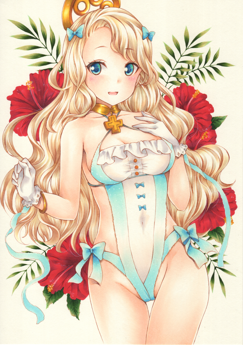 1girl, alternate_costume, aqua_bow, aqua_ribbon, aqua_swimsuit, azur_lane, bangs, blush