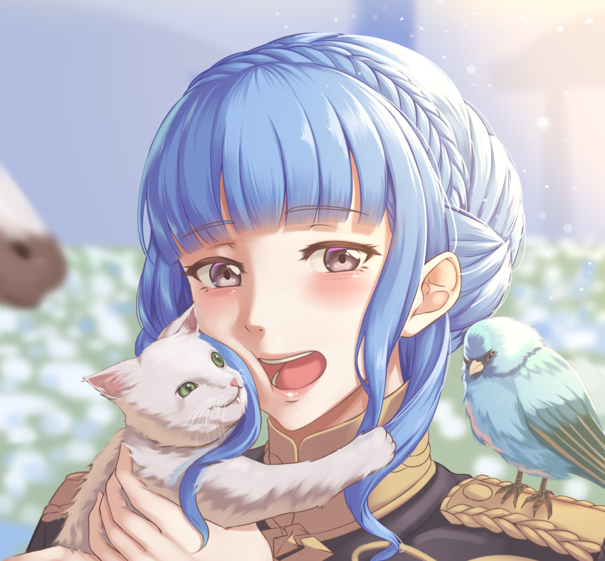 1girl, animal, animal_on_shoulder, bangs, bird, bird_on_shoulder, blue_hair, blurry