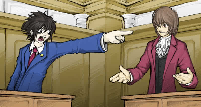 ace_attorney, death_note, l, miles_edgeworth, miles_edgeworth_(cosplay), objection, parody, phoenix_wright