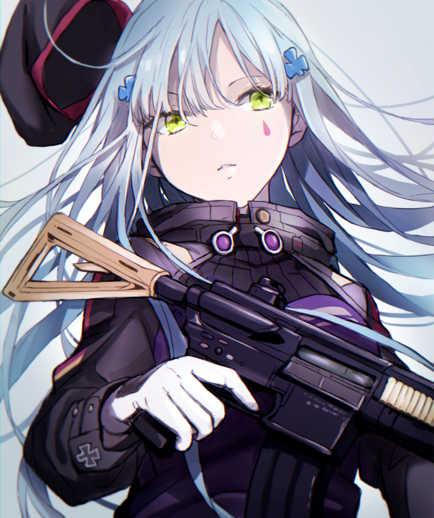 1girl, assault_rifle, bangs, beret, commentary, facial_mark, girls_frontline, gloves