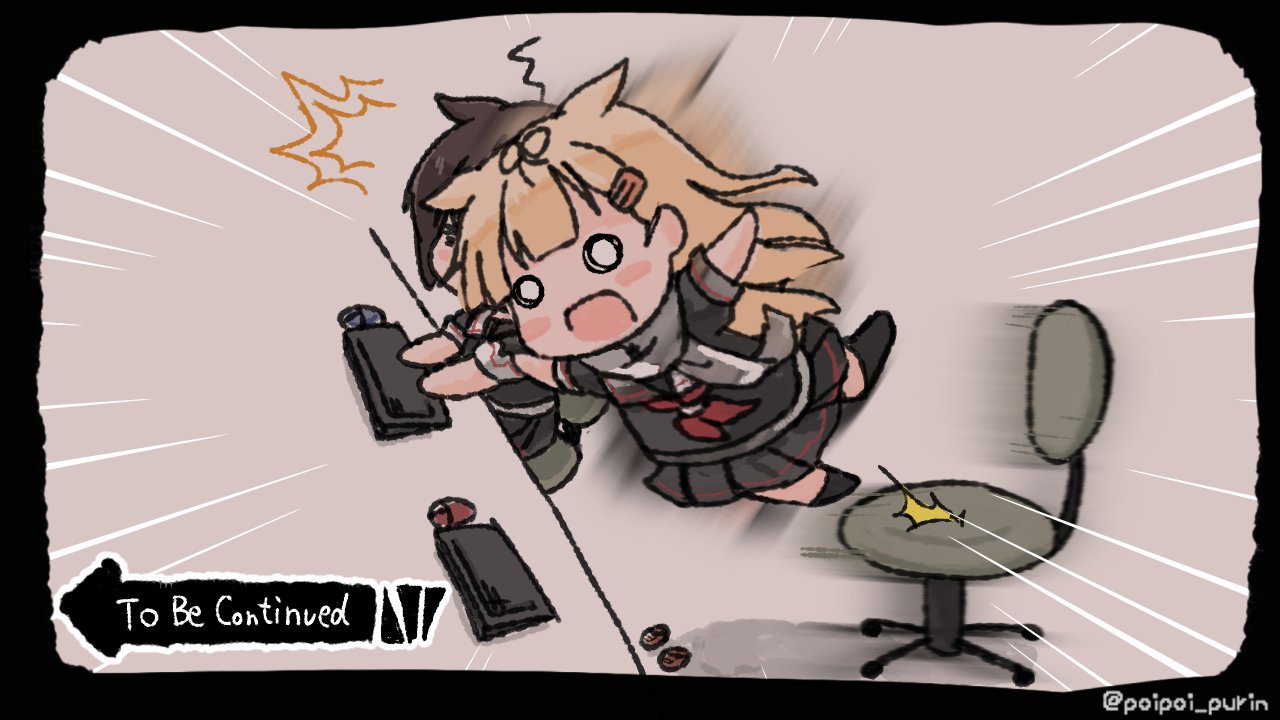 2girls, ahoge, black_serafuku, blush_stickers, falling, hair_flaps, hair_ornament, hair_ribbon