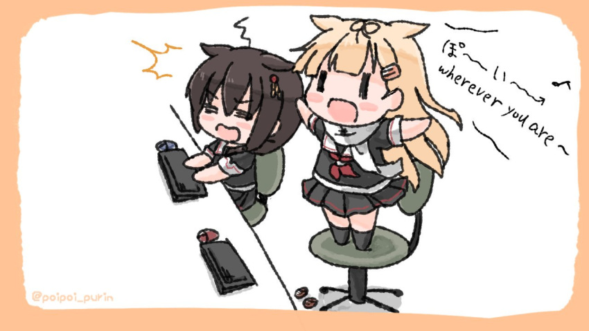 2girls, =_=, ahoge, black_serafuku, blush_stickers, commentary_request, english_text, hair_flaps
