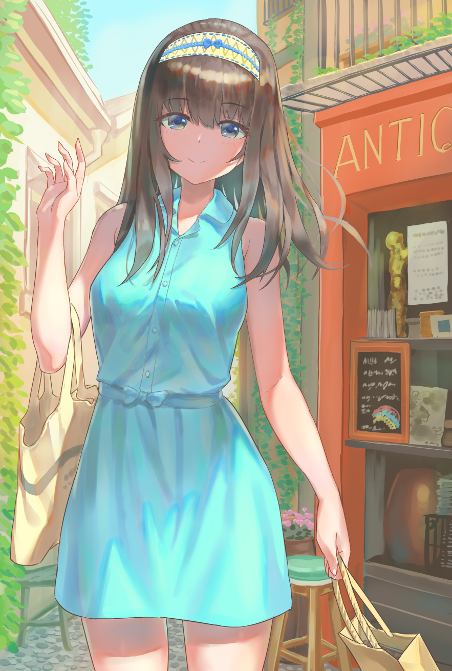 1girl, bag, bangs, bare_legs, bare_shoulders, blue_dress, blue_eyes, blush