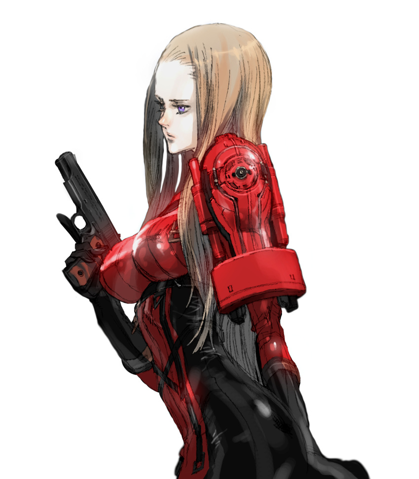 blue_eyes, bodysuit, gun, handgun, highres, long_hair, metal_gear, metal_gear_acid