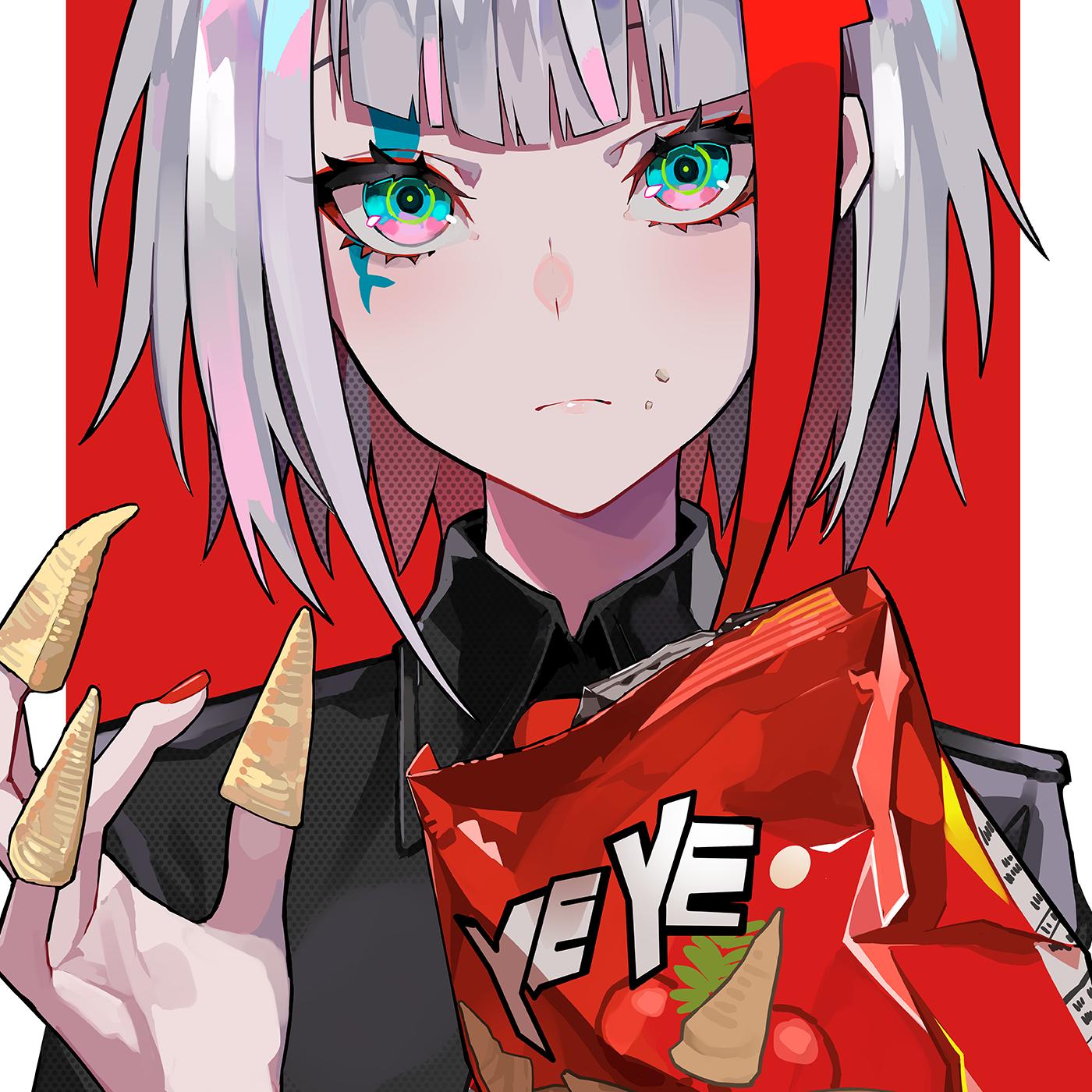 1girl, admiral_graf_spee_(azur_lane), admiral_graf_spee_(maiden's_sunday)_(azur_lane), azur_lane, bag_of_chips, bangs, blue_eyes, bugles, bugles_on_fingers, chips, eyebrows, fingernails, food, food_on_face, head_tilt, highres, holding, looking_at_viewer, multicolored, multicolored_background, multicolored_eyes, multicolored_hair, nail_polish, necktie, ram_(ramlabo), red_background, red_neckwear, redhead, short_hair, short_hair_with_long_locks, silver_hair, solo, two-tone_hair, upper_body, white_background