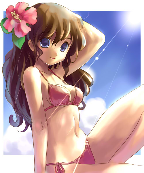 blue_eyes, brown_hair, flower, hair_accessory, hair_flower, hair_ornament, hibiscus, katahira_masashi