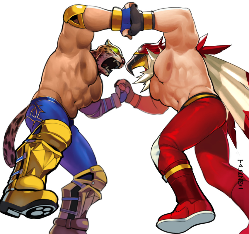 2boys, animal_head, battle, beak, boots, cape, crossover, dark_skin