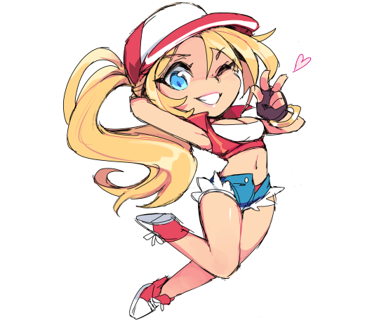 1girl, baseball_cap, blonde_hair, blue_eyes, breasts, champanus, chibi, denim