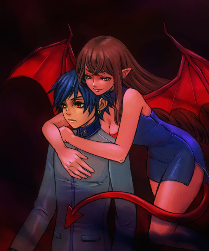 1boy, 1girl, atlus, blue_hair, demon_girl, demon_tail, demon_wings, earrings