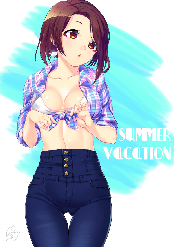 1girl, blue_pants, blue_sky, breasts, breasts_apart, brown_hair, buttons, collarbone