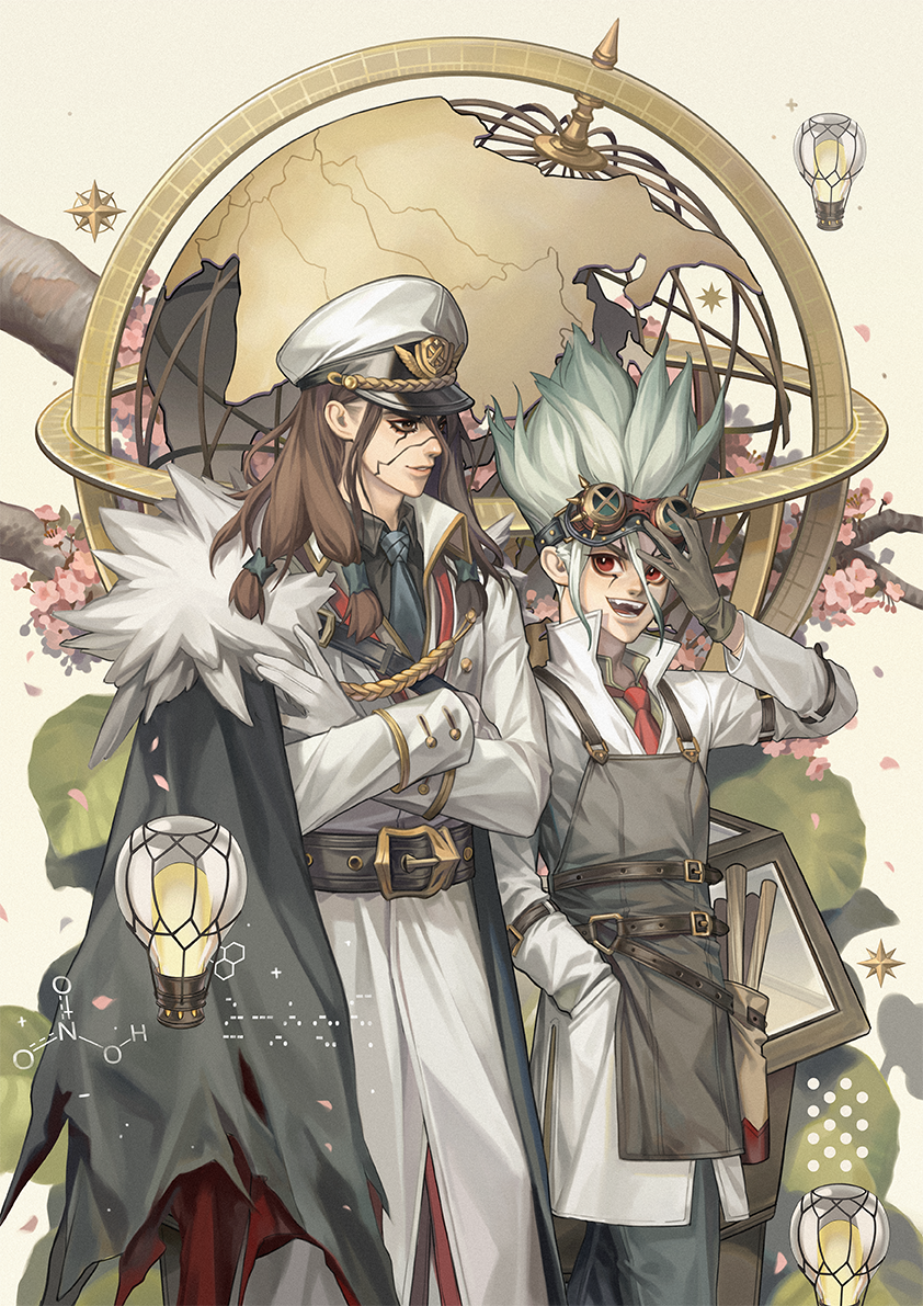 2boys, apron, belt, black_gloves, black_neckwear, brown_eyes, brown_hair, cape, cracked_skin, dr._stone, globe, gloves, hand_in_pocket, hat, ishigami_senkuu, labcoat, light_bulb, long_hair, ly_hao_nguyen, male_focus, multiple_boys, necktie, open_mouth, red_neckwear, shishiou_tsukasa, smile, spiky_hair, standing, white_hair