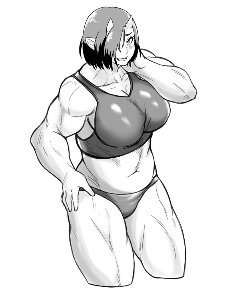 1girl, absurdres, bikini, breasts, fang, highres, horns, large_breasts, looking_at_viewer, muscle, muscular_female, oga-san, one_eye_covered, pyrosylphy, smile, swimsuit