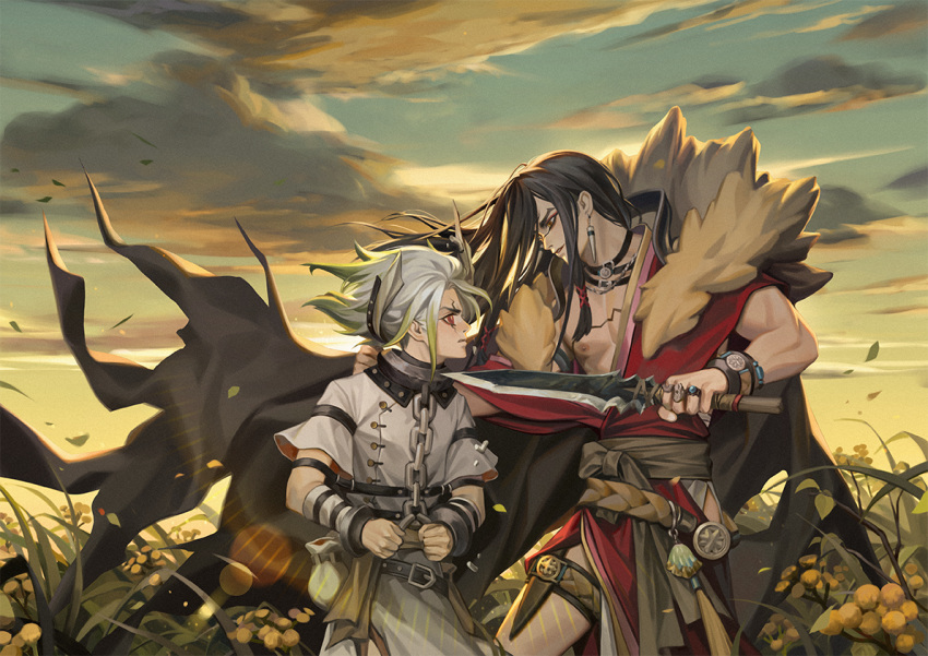 2boys, belt, black_hair, bracelet, cape, chain, clenched_hand, clouds