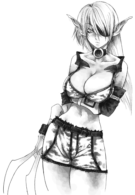 bikini_top, bracelet, breast_hold, breasts, claws, cleavage, elbow_gloves, eyepatch