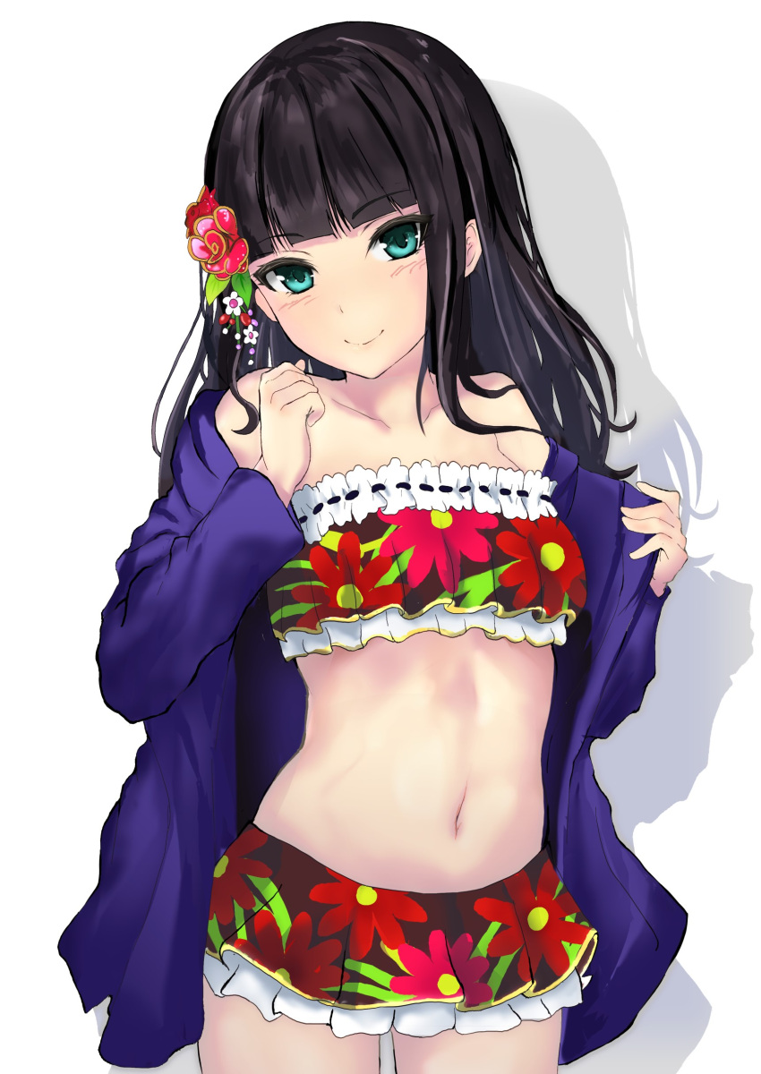 1girl, absurdres, bangs, bikini_skirt, black_hair, blunt_bangs, blush, breasts