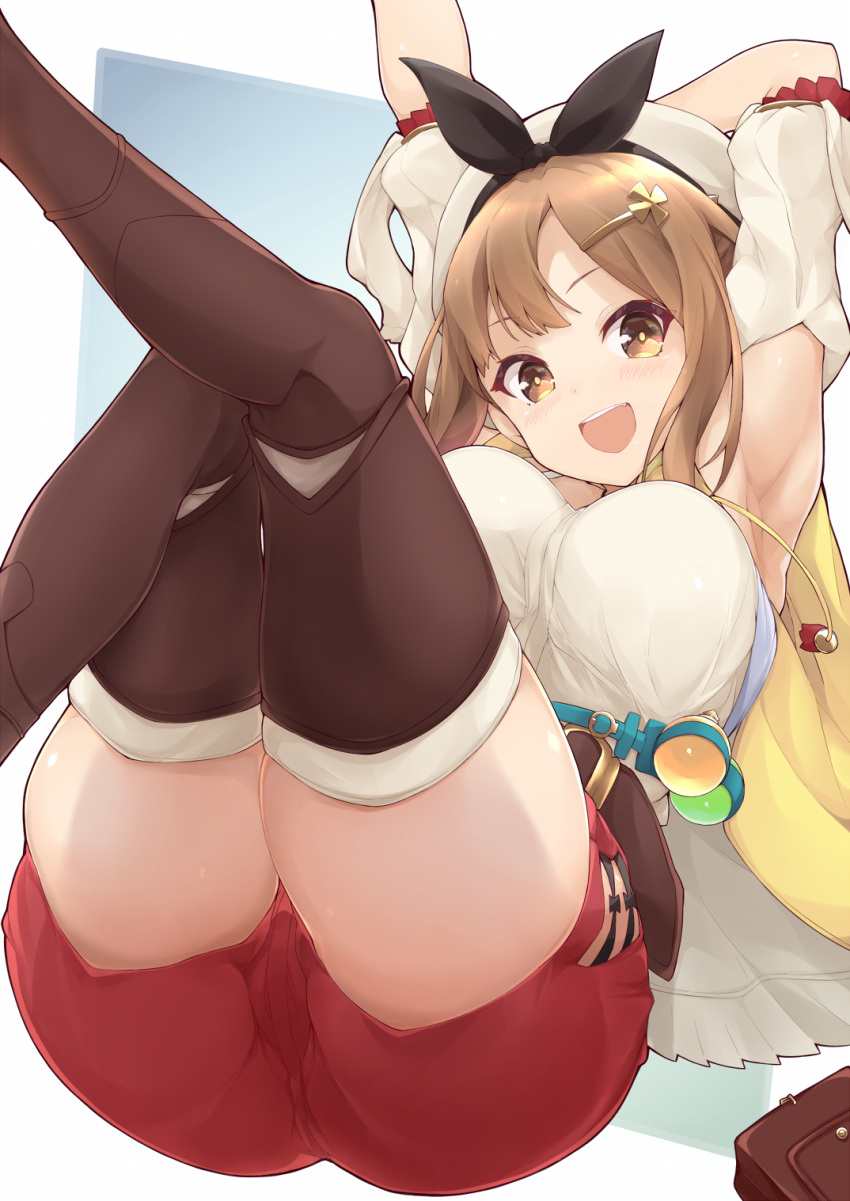 1girl, :d, arms_up, atelier_(series), atelier_ryza, belt, black_ribbon, blue_background, blue_belt, bridal_legwear, brown_belt, brown_eyes, brown_hair, commentary_request, flask, hair_ornament, hairclip, hat, hat_ribbon, highres, jacket, jampen, leather_belt, legs_up, lyza, on_ass, open_mouth, red_shorts, reisalin_stout, ribbon, round-bottom_flask, short_shorts, shorts, smile, solo, thigh_pouch, white_background, white_headwear, yellow_jacket