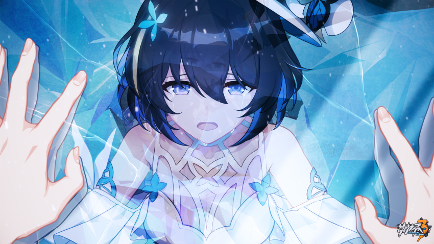 against_wall, alternate_costume, bangs, bare_shoulders, black_hair, blue_eyes, blue_hair, breasts, bronya_zaychik, bronya_zaychik_(herrscher_of_reason), crying, crying_with_eyes_open, dress, drill_hair, fingersmile, hair_between_eyes, hair_ornament, hat, highres, honkai_(series), honkai_impact_3rd, ice, logo, long_hair, looking_at_viewer, medium_breasts, multicolored_hair, multiple_girls, off-shoulder_dress, off_shoulder, official_art, open_mouth, reflection, seele_vollerei, short_hair, silver_hair, smile, tears, white_dress, white_headwear