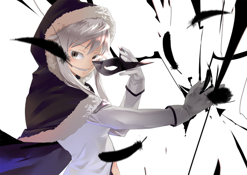 1girl, black_cloak, cape, carrying, cloak, corbeau_(tart_magica), enko_momoda, evil_smile