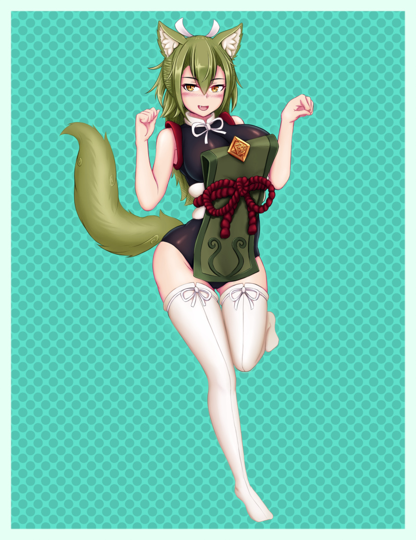 1girl, :d, absurdres, animal_ears, bare_shoulders, beige_legwear, blush, border, breasts, clenched_hands, eyebrows_visible_through_hair, eyes_visible_through_hair, fur, green_background, green_hair, hair_between_eyes, hair_ribbon, highres, japanese_clothes, kamaitachi_(monster_girl_encyclopedia), large_breasts, legs, long_hair, looking_at_viewer, monster_girl, monster_girl_encyclopedia, open_mouth, orange_eyes, paw_pose, ribbon, sash, sidelocks, simple_background, sleeveless, smile, solo, standing, standing_on_one_leg, tail, thigh-highs, white_ribbon, wlper