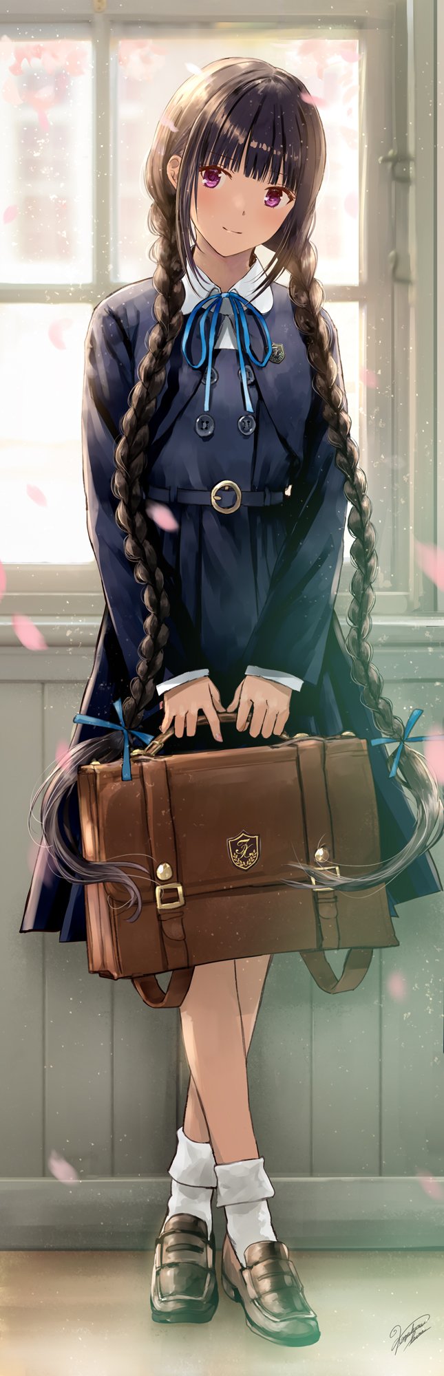 1girl, absurdly_long_hair, backlighting, black_hair, blush, braid, crossed_legs, double-breasted