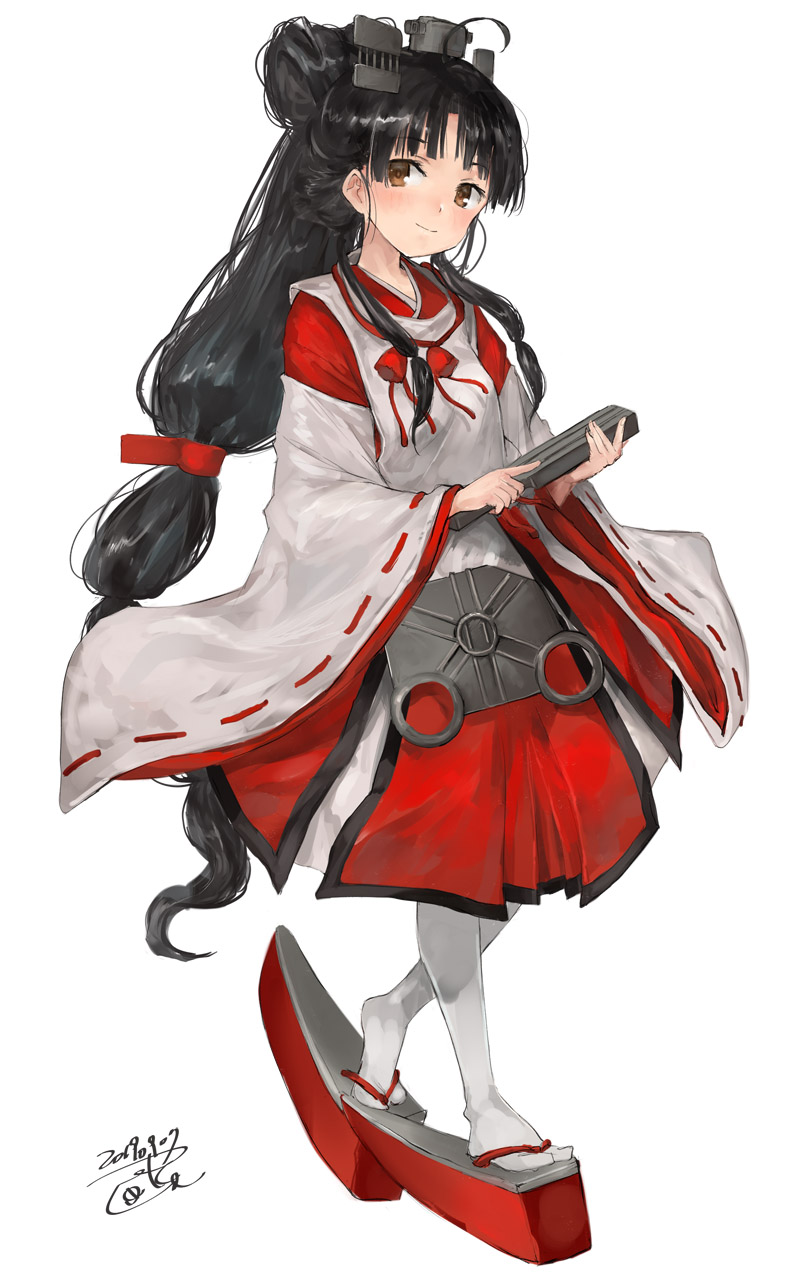 1girl, artist_name, black_hair, blush, brown_eyes, closed_mouth, cosplay, fan, folding_fan, hair_ornament, hair_tie, hakama, headgear, high_ponytail, highres, japanese_clothes, kantai_collection, kariginu, kneehighs, long_hair, miko, multi-tied_hair, nisshin_(kantai_collection), nisshin_(kantai_collection)_(cosplay), okobo, red_hakama, red_ribbon, ribbon, ribbon-trimmed_sleeves, ribbon_trim, rudder_footwear, shouhou_(kantai_collection), smile, solo, tabi, thick_eyebrows, toka_(marchlizard), very_long_hair, white_legwear