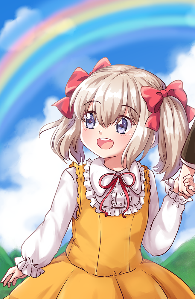 1boy, 1girl, amai-tapioca, arm_up, bangs, blue_eyes, blue_sky, blurry