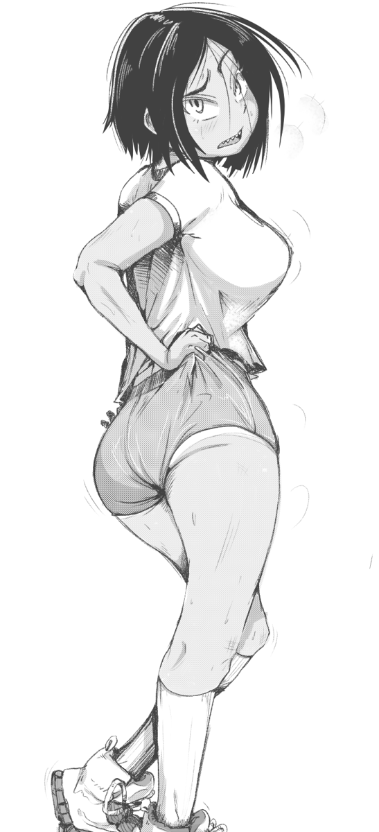 1girl, ass, black_hair, bloomers, breasts, dark_skin, full_body, greyscale